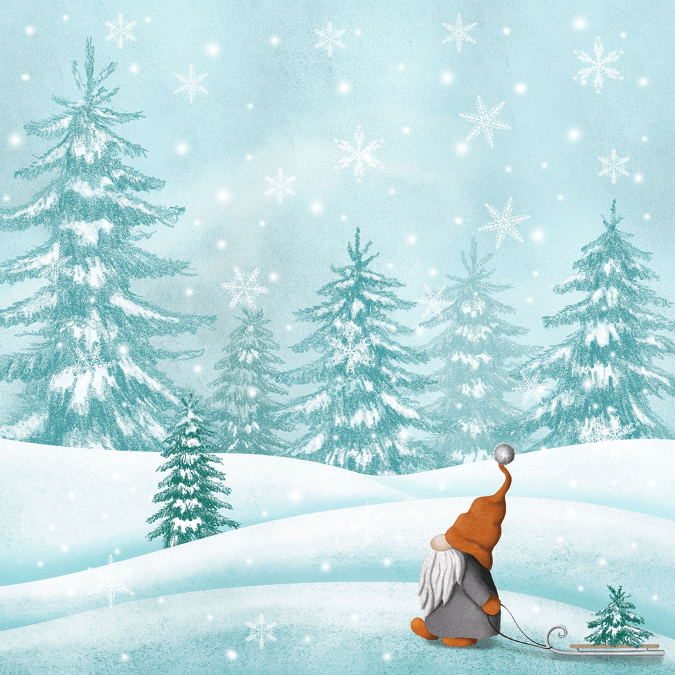 A Tomte wearing a red hat in a snowy winter forest.