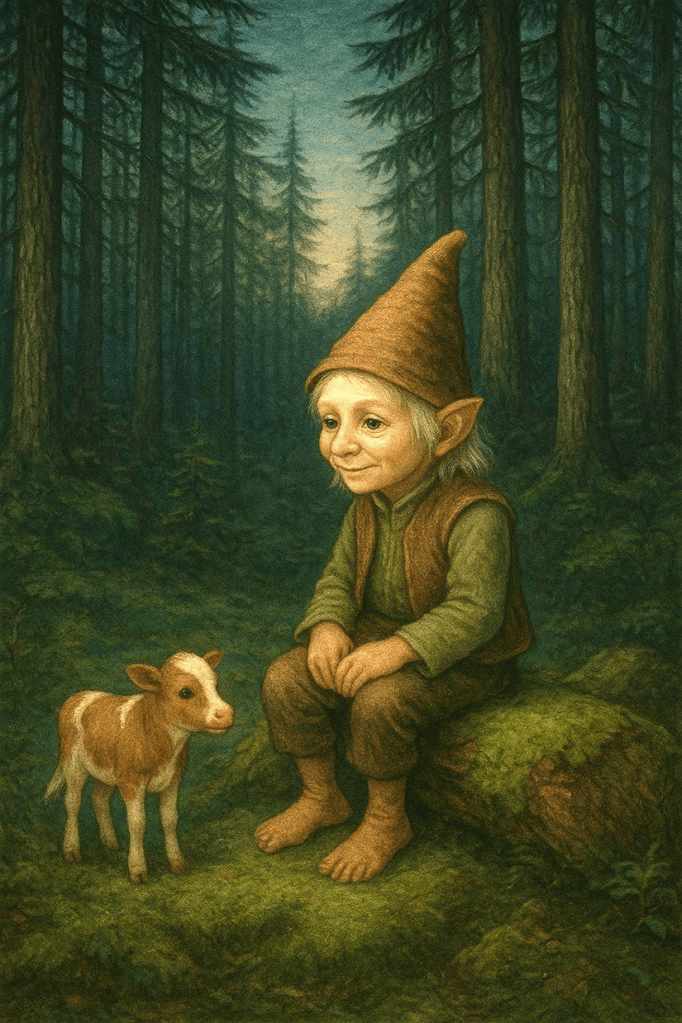 A Vitter is sitting on a log in the forest and mini cow is standing in front of him.