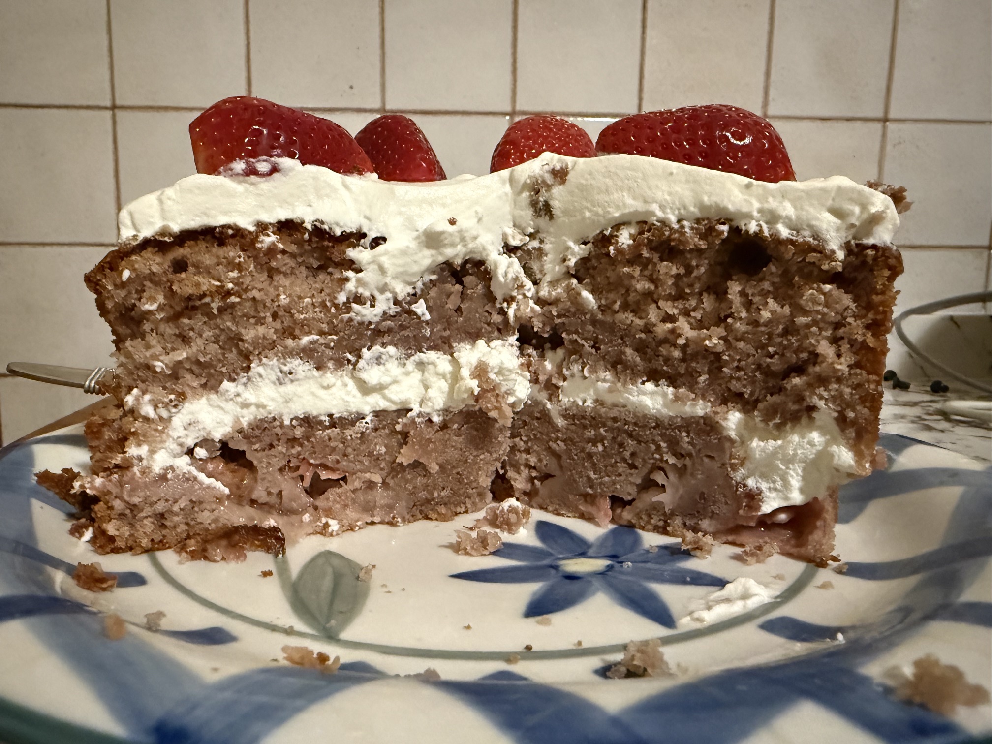 Inside of the golden strawberry cake. I cut the cake in half and sandwiched it with fresh cream