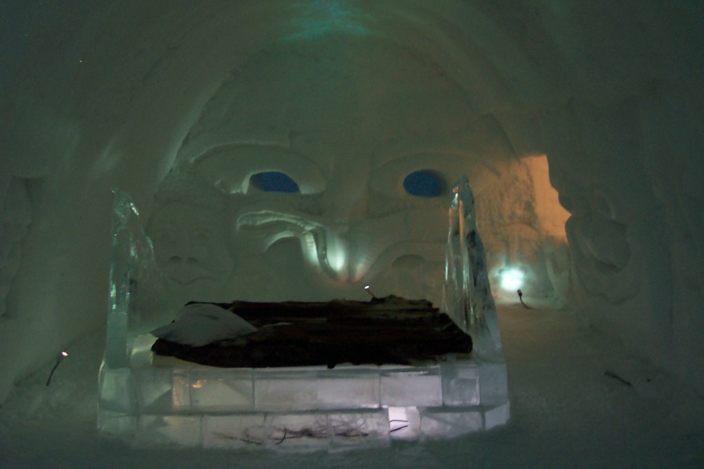 LED lights lighting up one of the rooms in the ice hotel. Incandescent lights could not be used because they would melt the ice