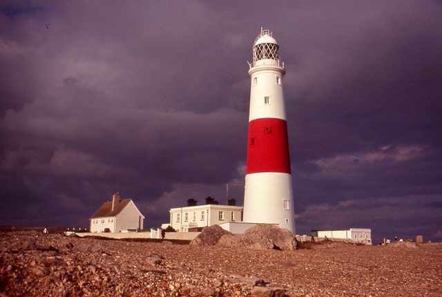 Close up photograph of Portland Bill Lighthouse.