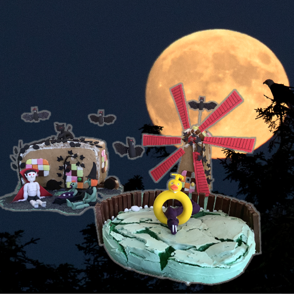 Gingerbread haunted caravan, windmill and swamp against a moon backdrop. 